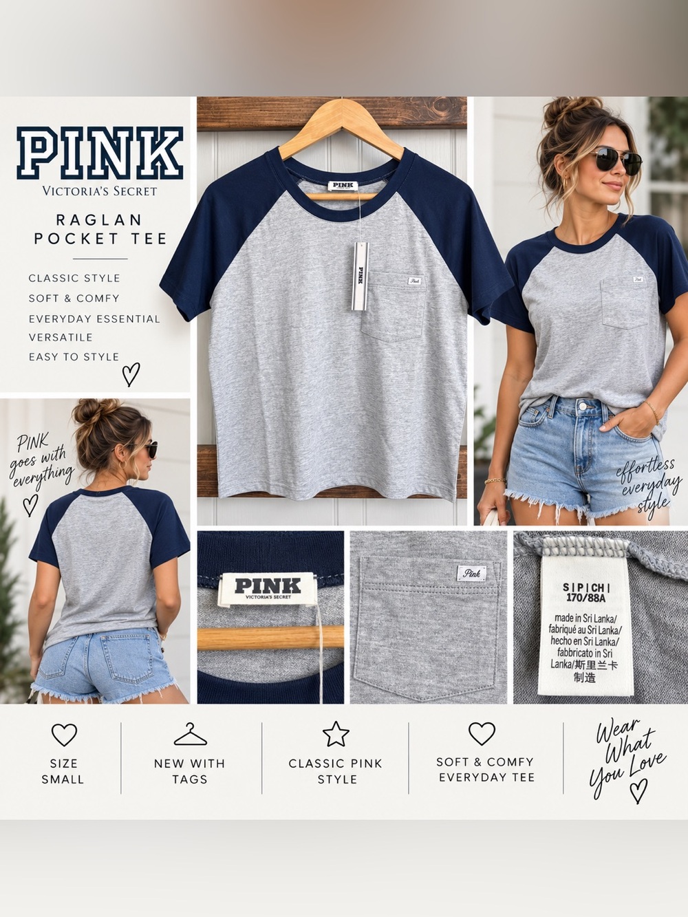 Victoria’s Secret PINK Gray & Navy Raglan Pocket Tee – Size Small – NWT